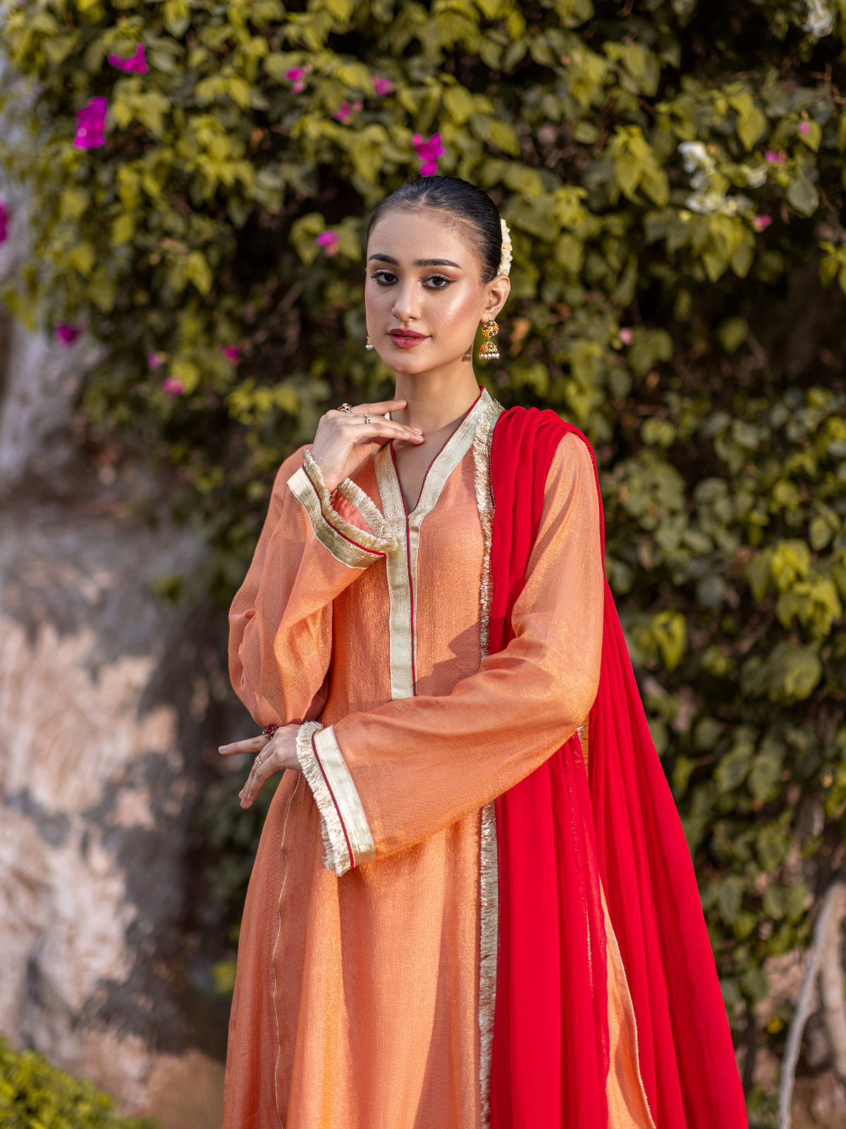 03 Piece - The Mishry Set Luxurious Zari Net Suit Peach