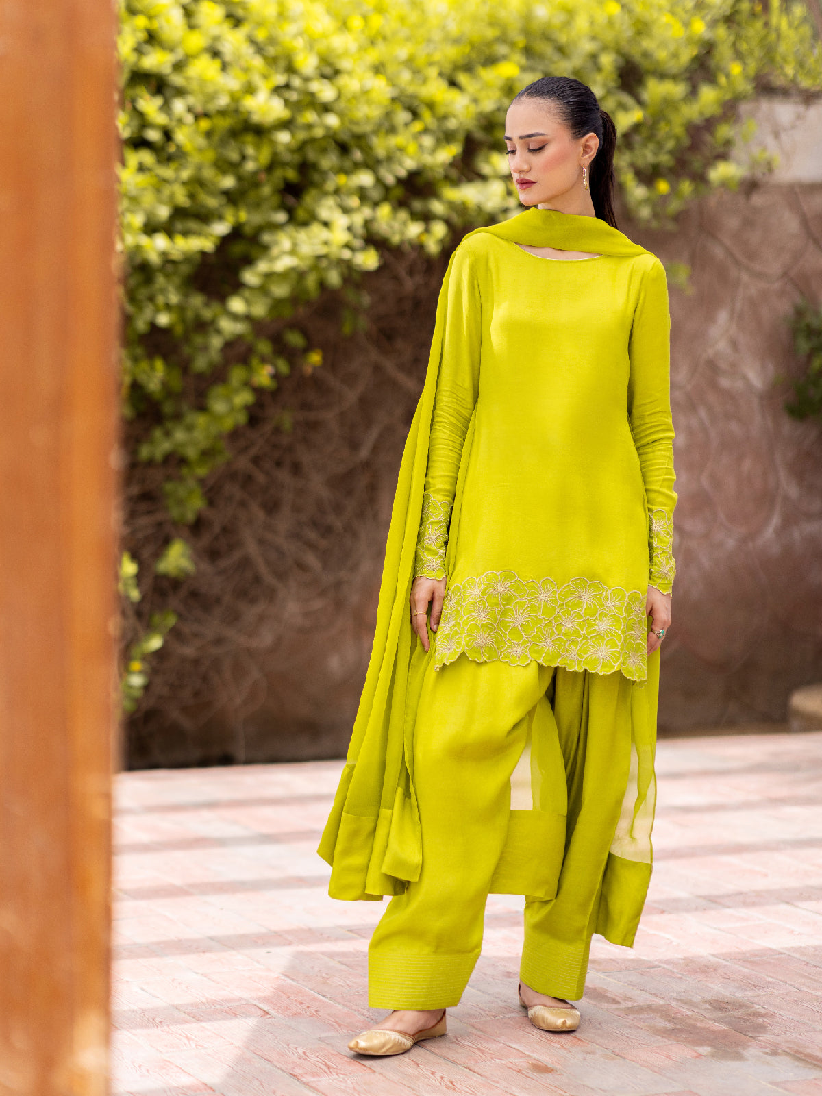 03 Piece - The Mashaal Cotton Silk Set Lime