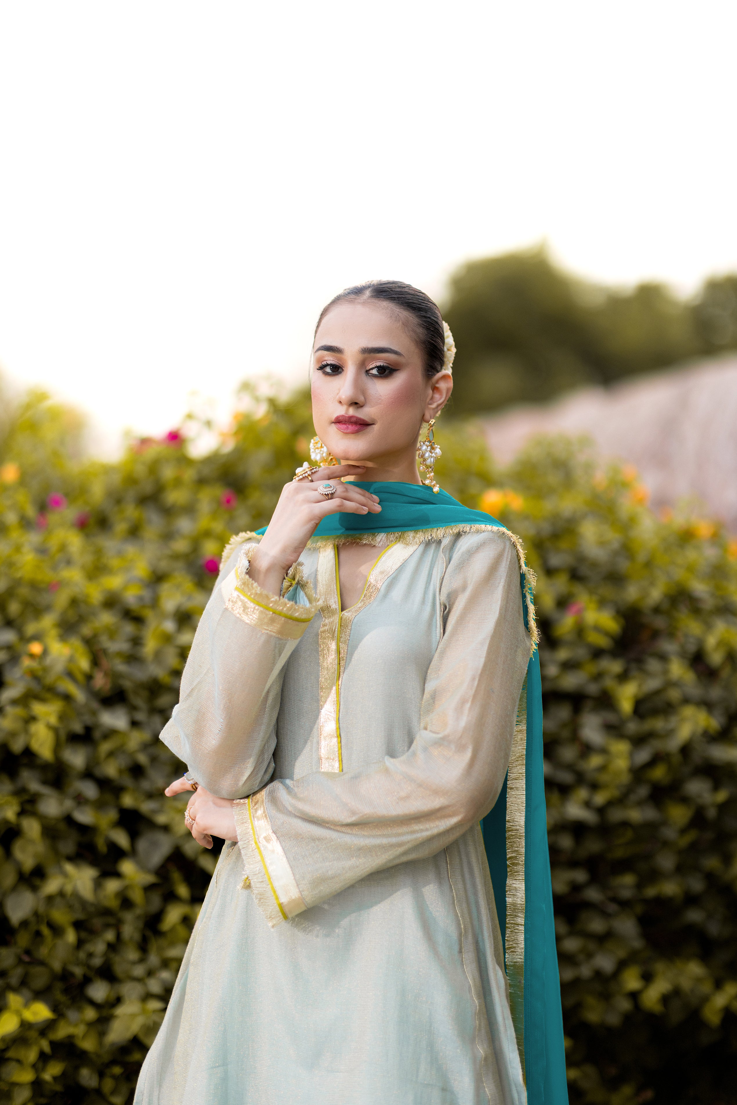 03 Piece - The Misty Set Luxurious Zari Net Suit Aqua