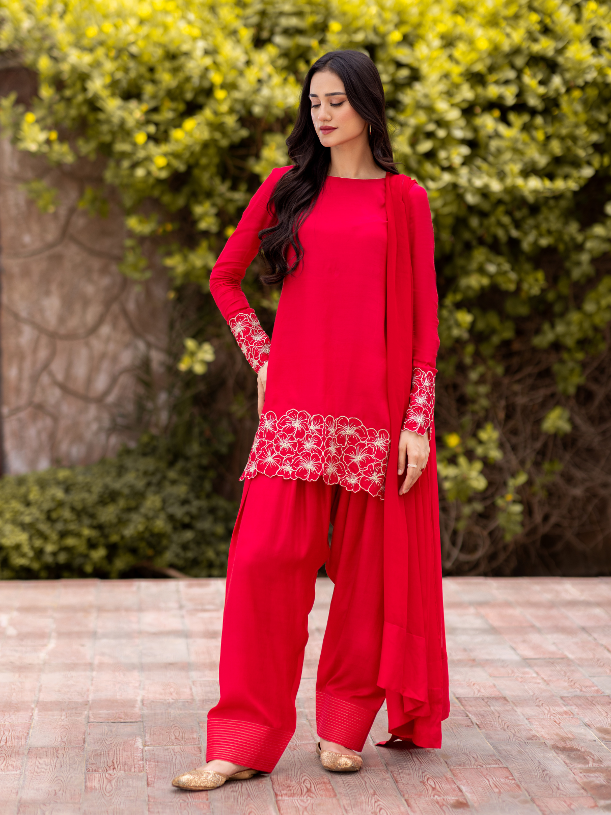03 Piece - The Manaal Cotton Silk Set Hot Pink