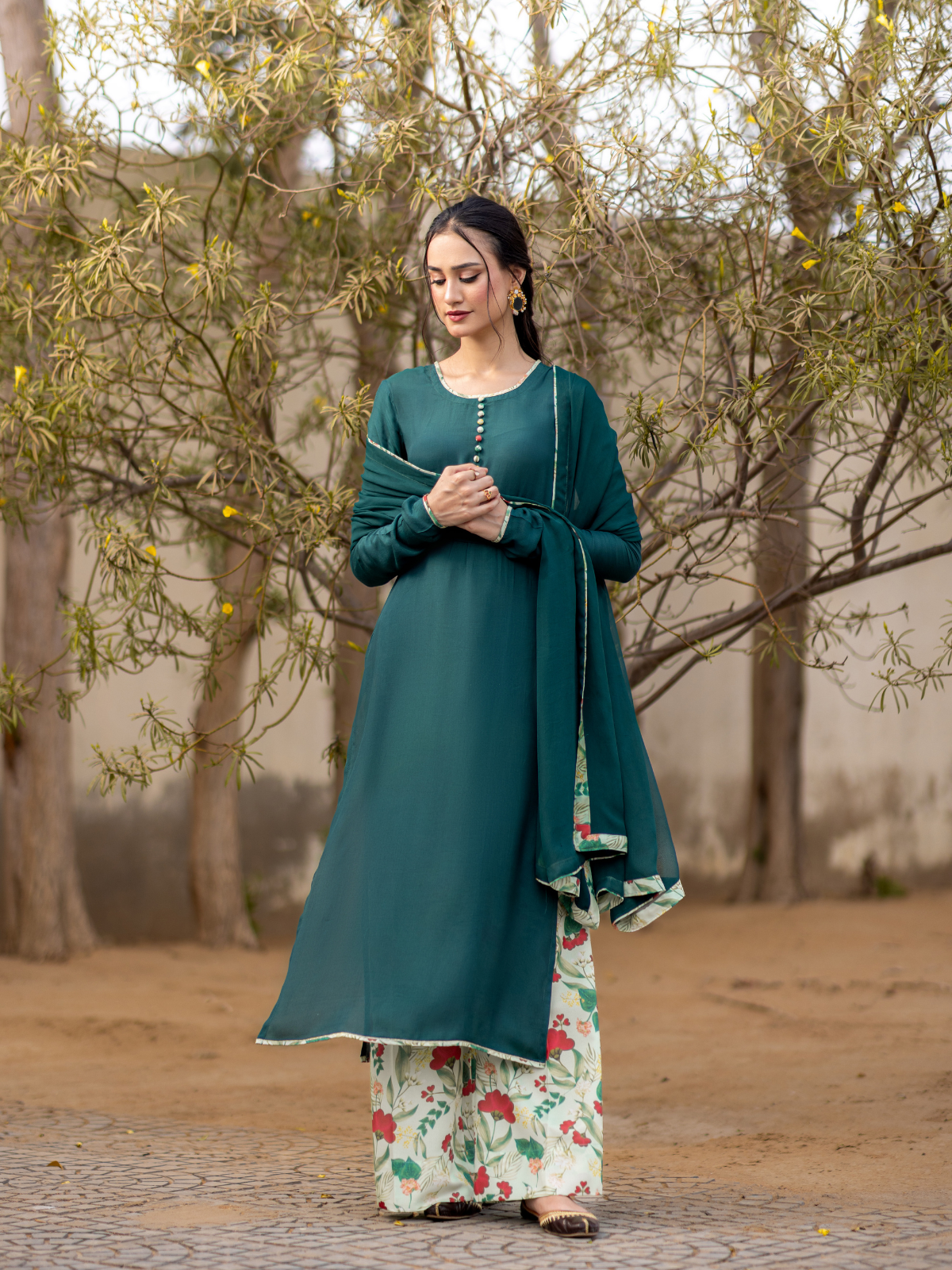 03 Piece - The Anarah Set Premium Swiss Lawn Suit Bottle Green