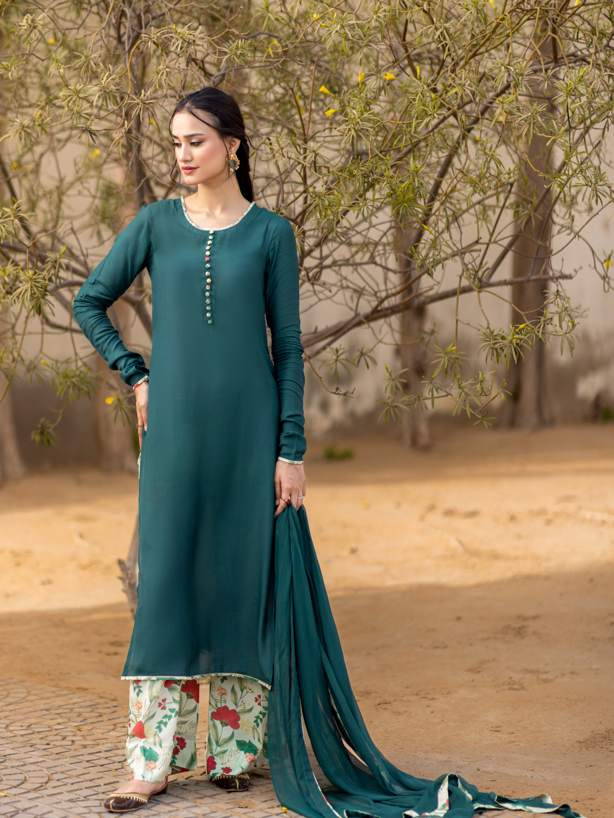 03 Piece - The Anarah Set Premium Swiss Lawn Suit Bottle Green