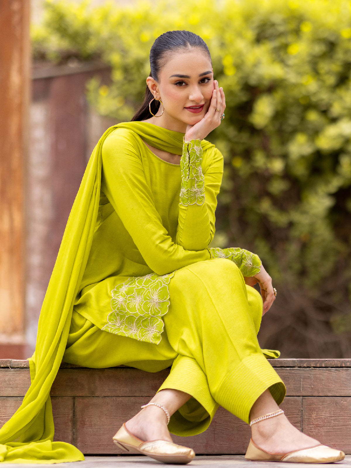 03 Piece - The Mashaal Cotton Silk Set Lime