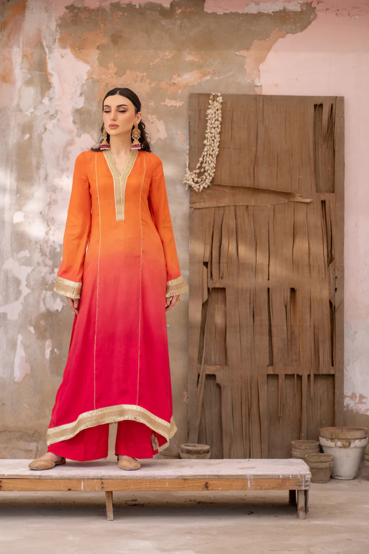 03 Piece - The Manizeh Cotton Silk Pink Orange Ombrè Set
