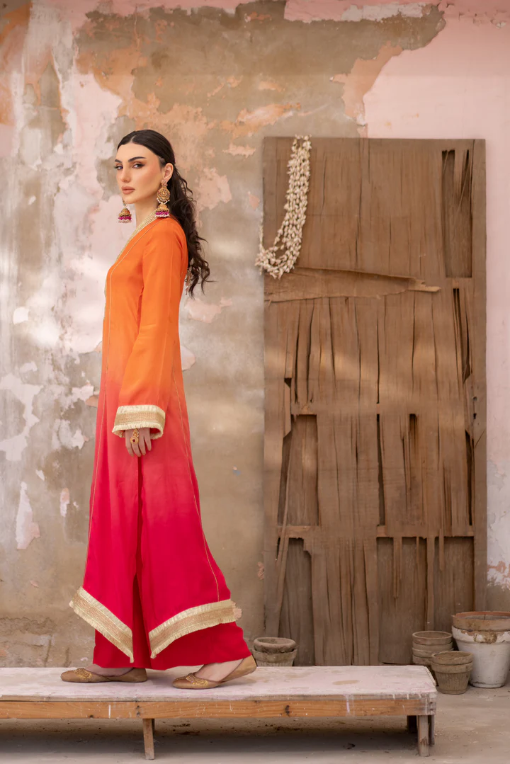 03 Piece - The Manizeh Cotton Silk Pink Orange Ombrè Set