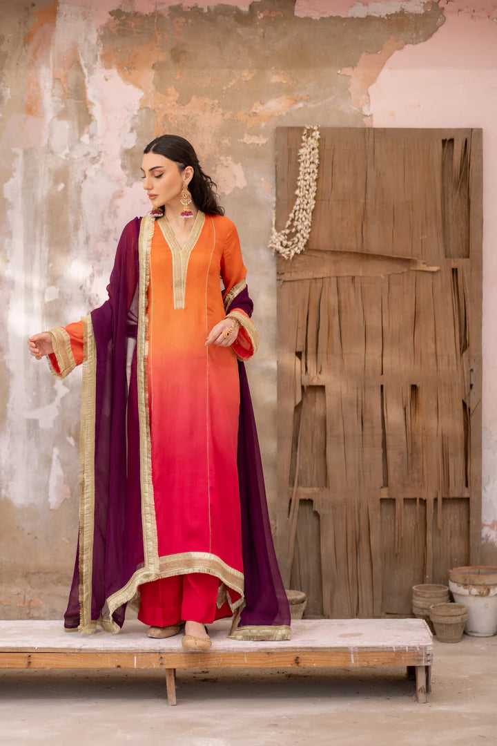 03 Piece - The Manizeh Cotton Silk Pink Orange Ombrè Set