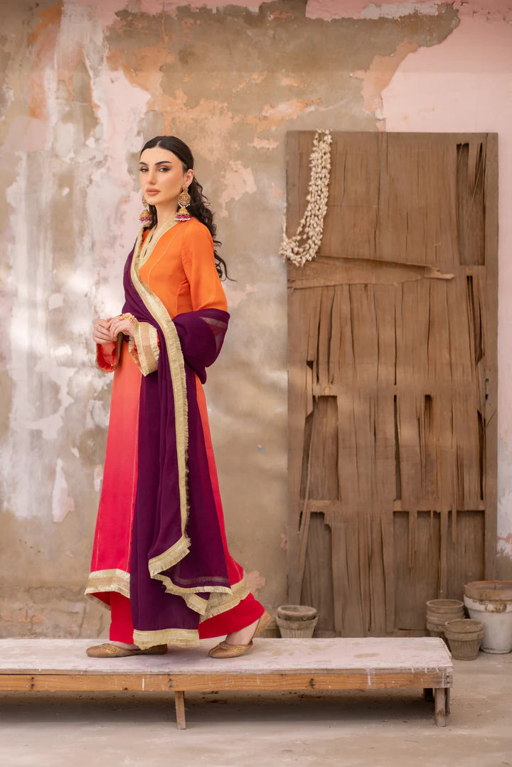 03 Piece - The Manizeh Cotton Silk Pink Orange Ombrè Set