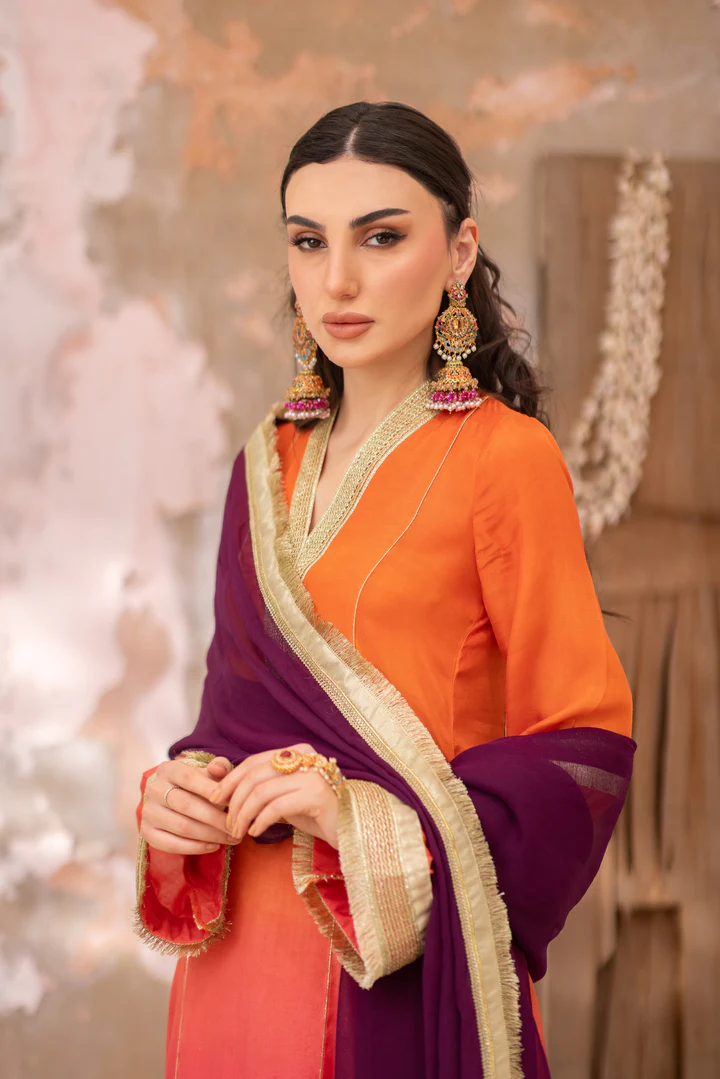 03 Piece - The Manizeh Cotton Silk Pink Orange Ombrè Set