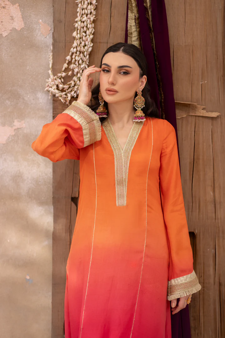 03 Piece - The Manizeh Cotton Silk Pink Orange Ombrè Set