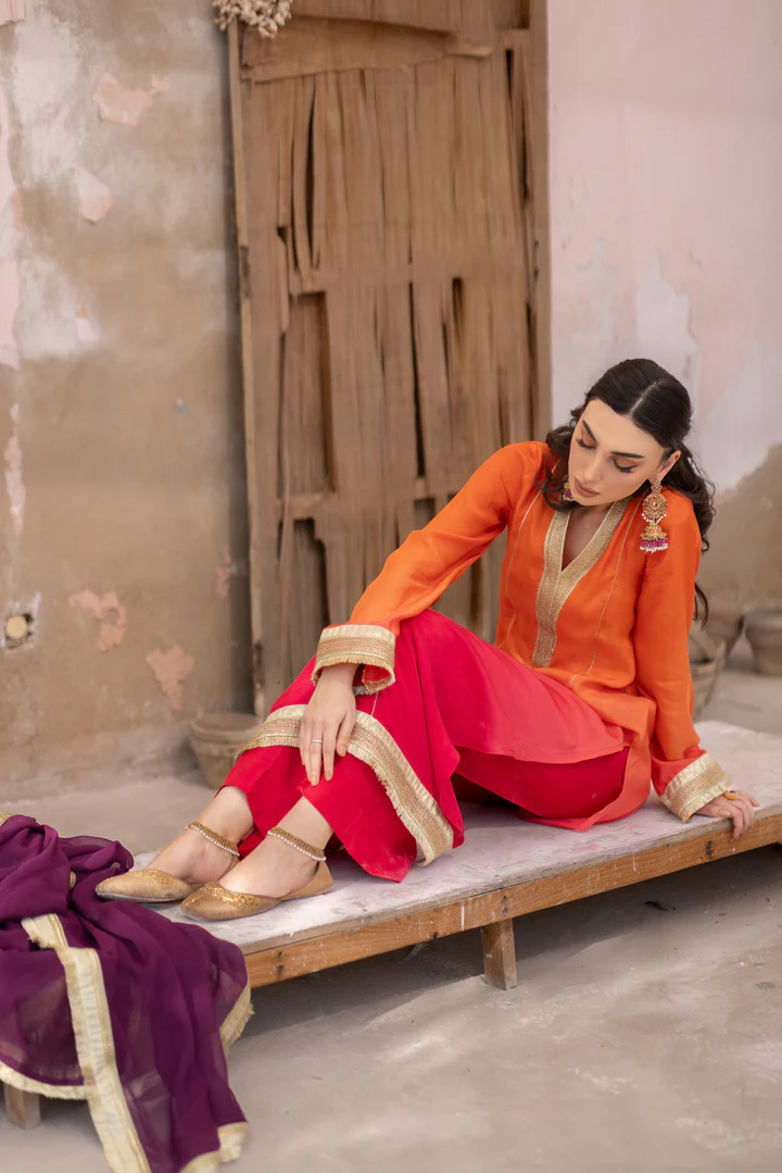 03 Piece - The Manizeh Cotton Silk Pink Orange Ombrè Set