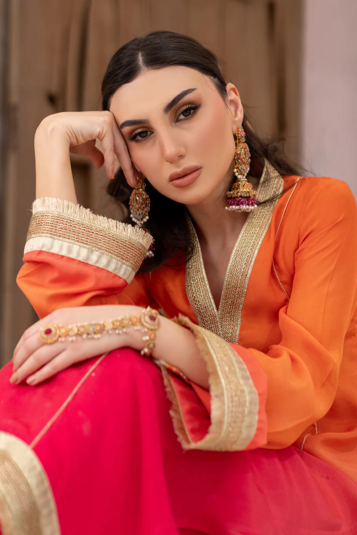 03 Piece - The Manizeh Cotton Silk Pink Orange Ombrè Set
