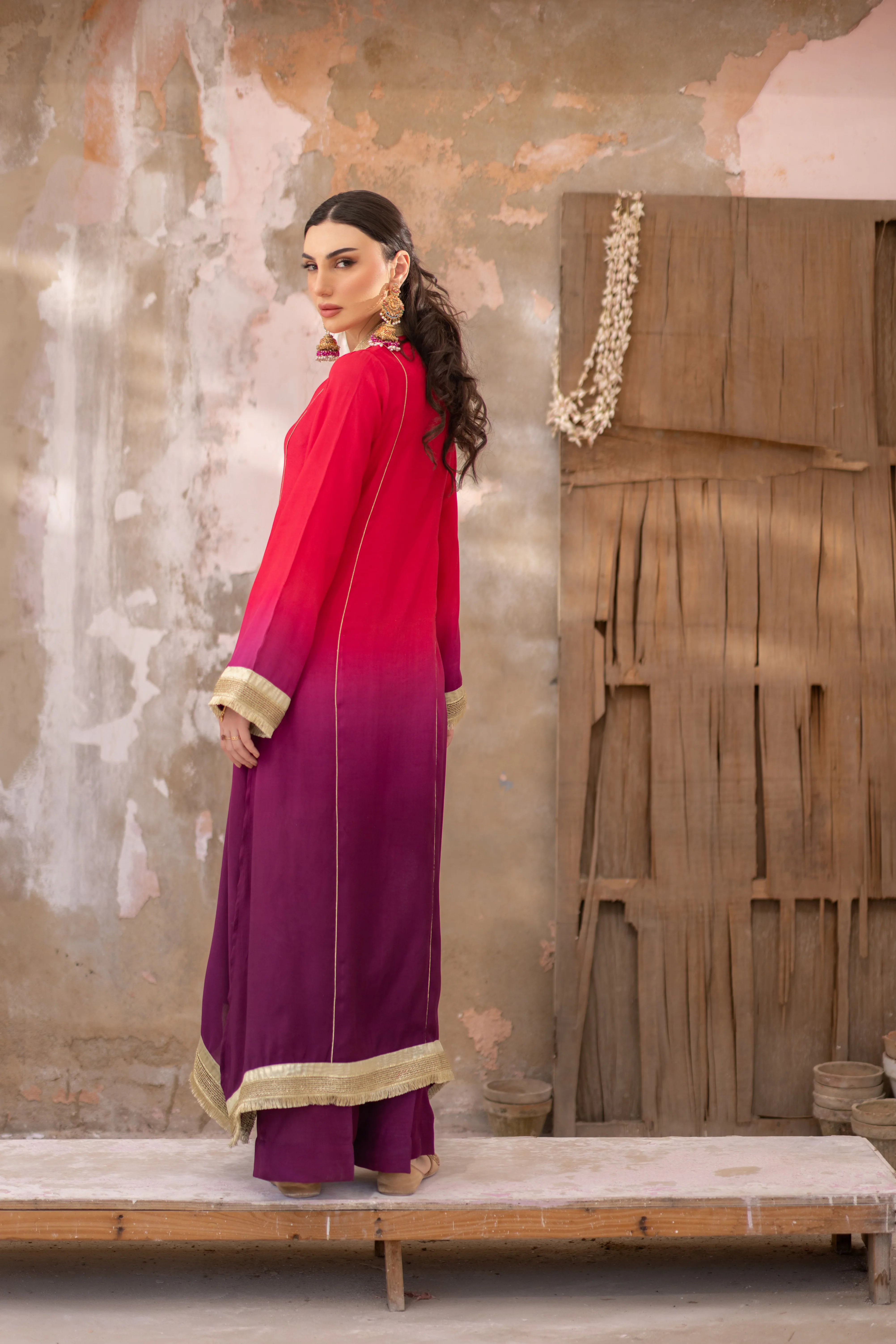 03 Piece - The Alizeh Cotton Silk Pink Purple Ombrè Set