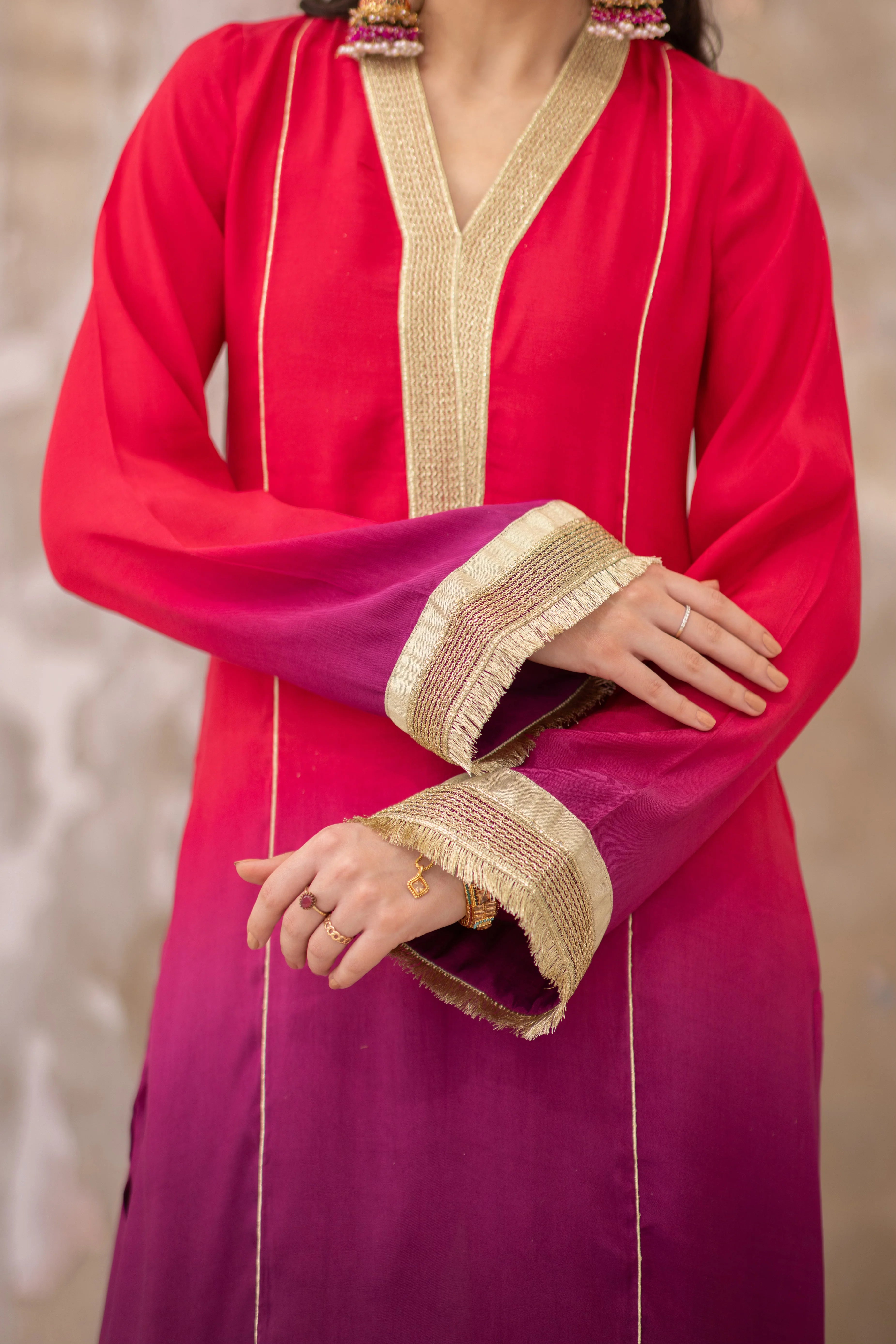 03 Piece - The Alizeh Cotton Silk Pink Purple Ombrè Set