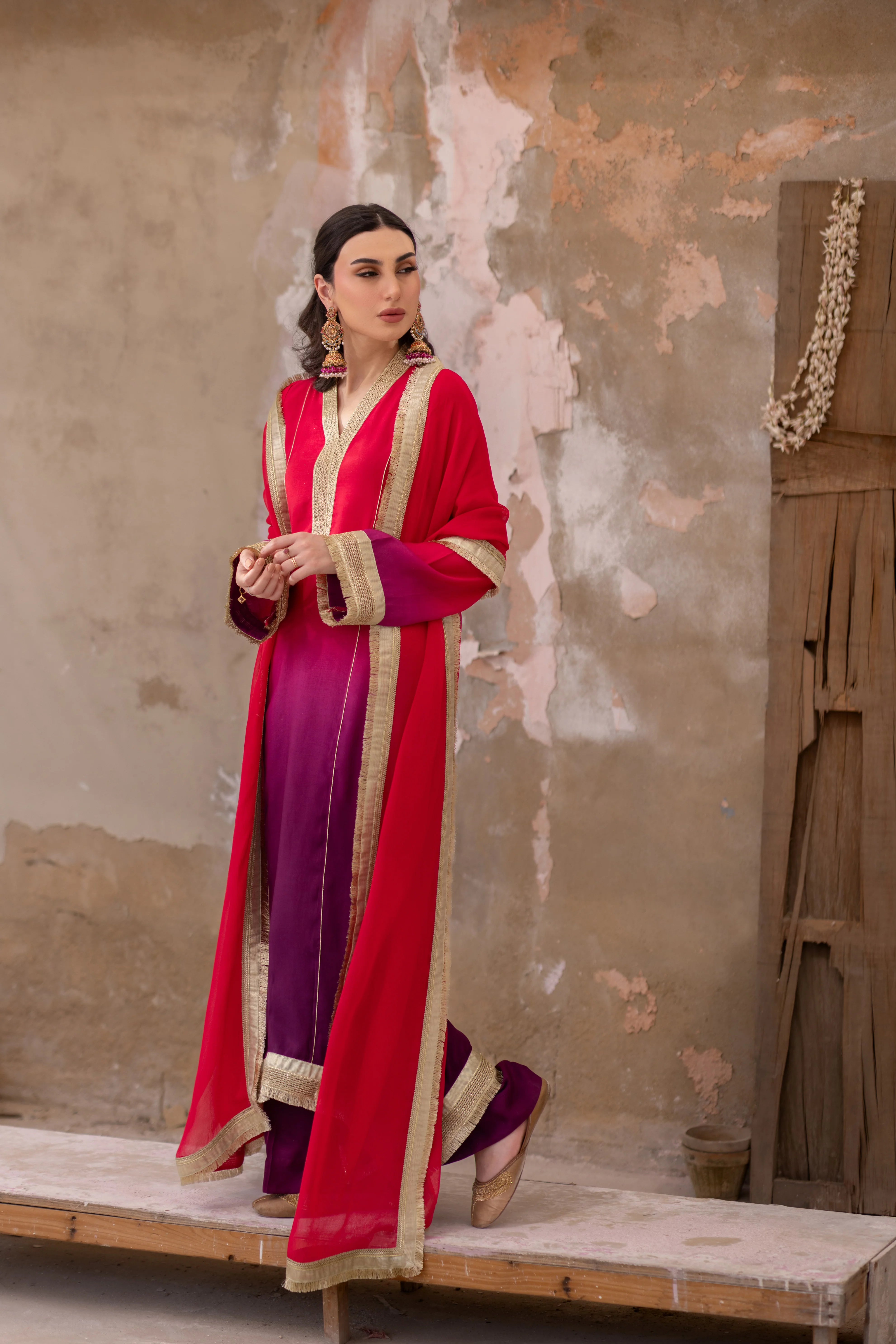 03 Piece - The Alizeh Cotton Silk Pink Purple Ombrè Set