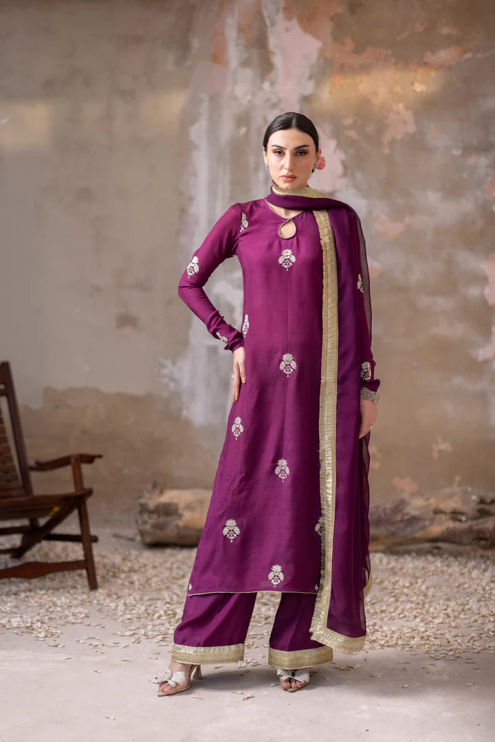 03 Piece - The Zarmina Cotton Silk Plum Purple Set