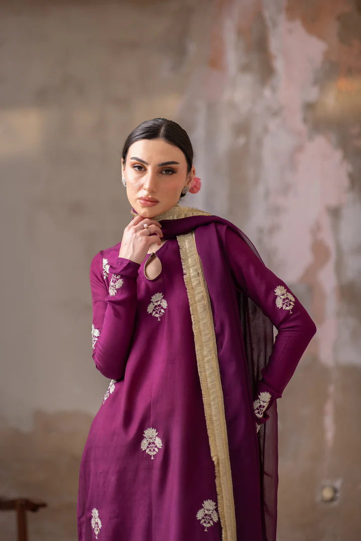 03 Piece - The Zarmina Cotton Silk Plum Purple Set