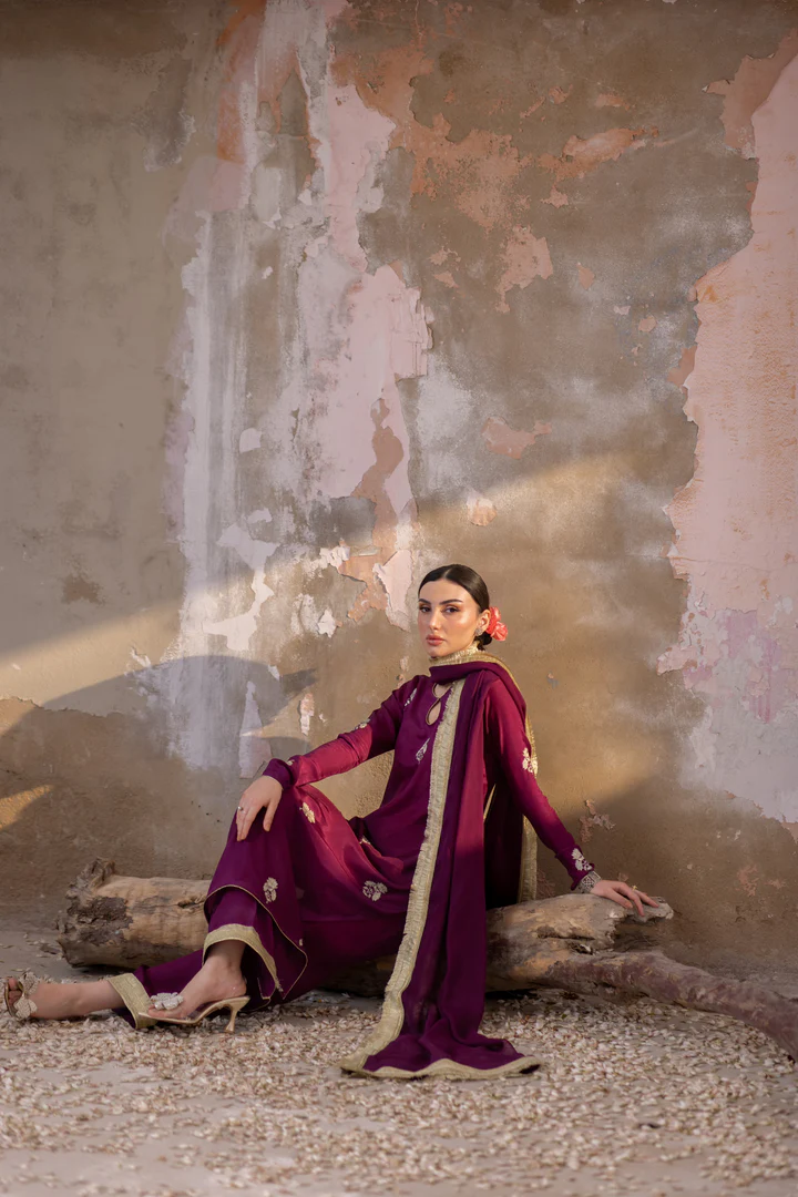 03 Piece - The Zarmina Cotton Silk Plum Purple Set