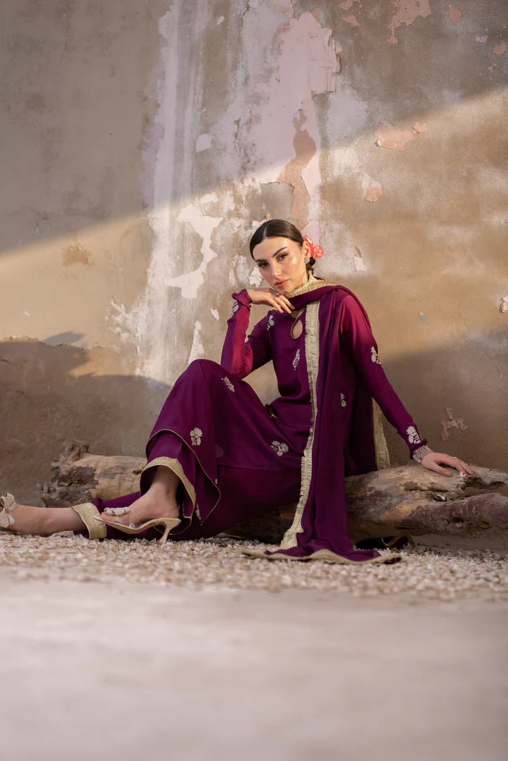 03 Piece - The Zarmina Cotton Silk Plum Purple Set