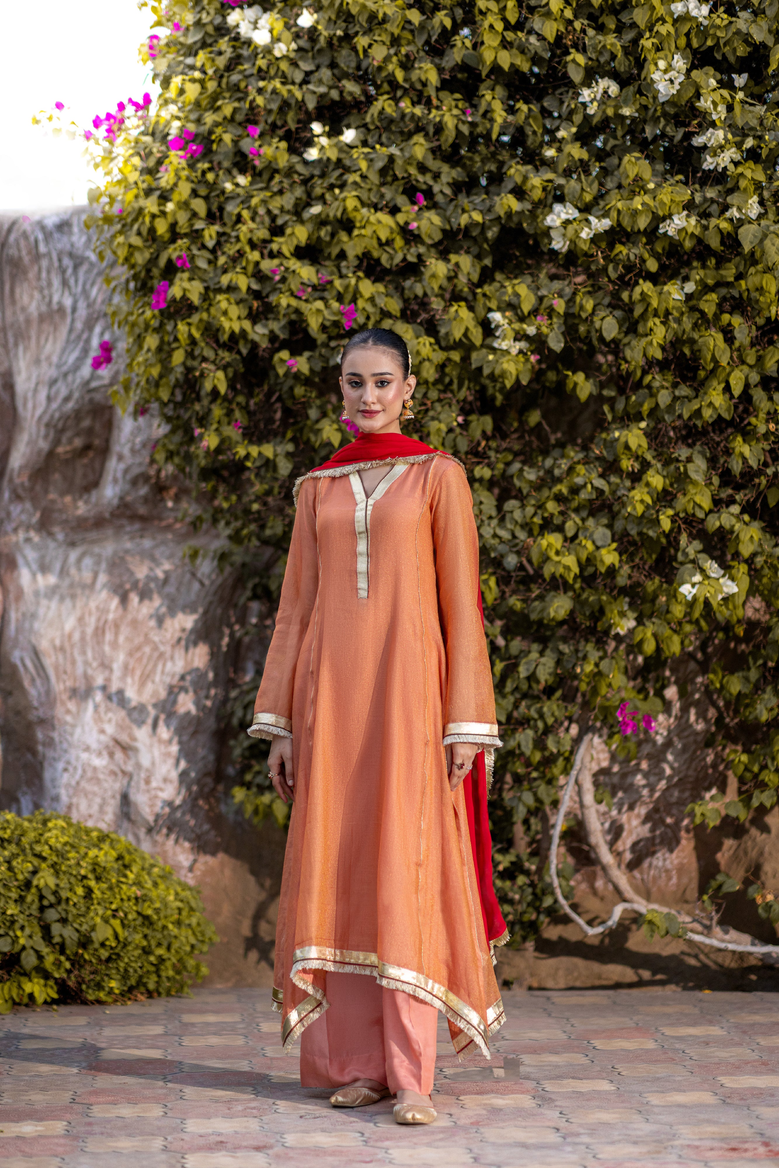 03 Piece - The Mishry Set Luxurious Zari Net Suit Peach