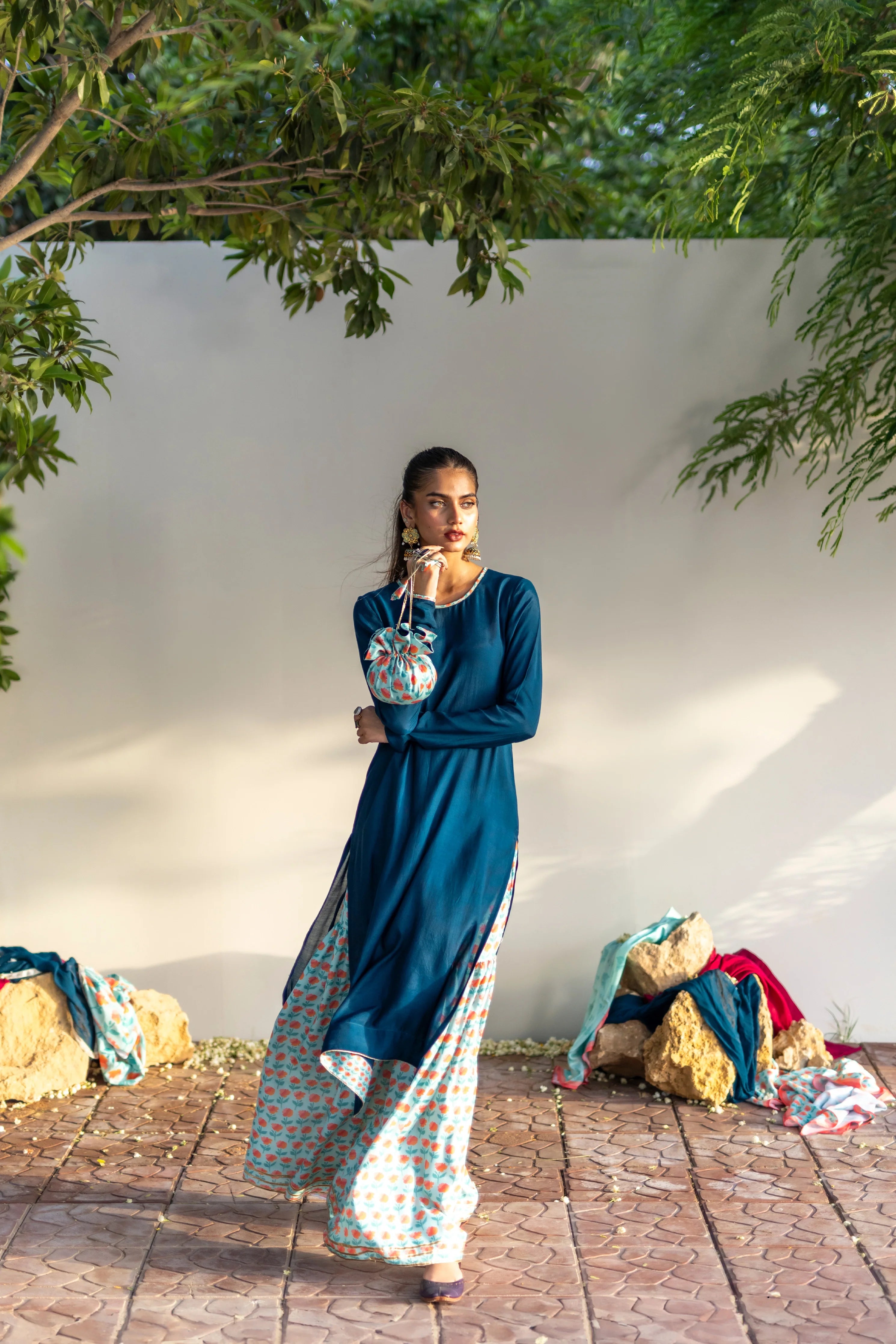 03 Piece - The Saliah Cotton Silk Blue Gharara Set