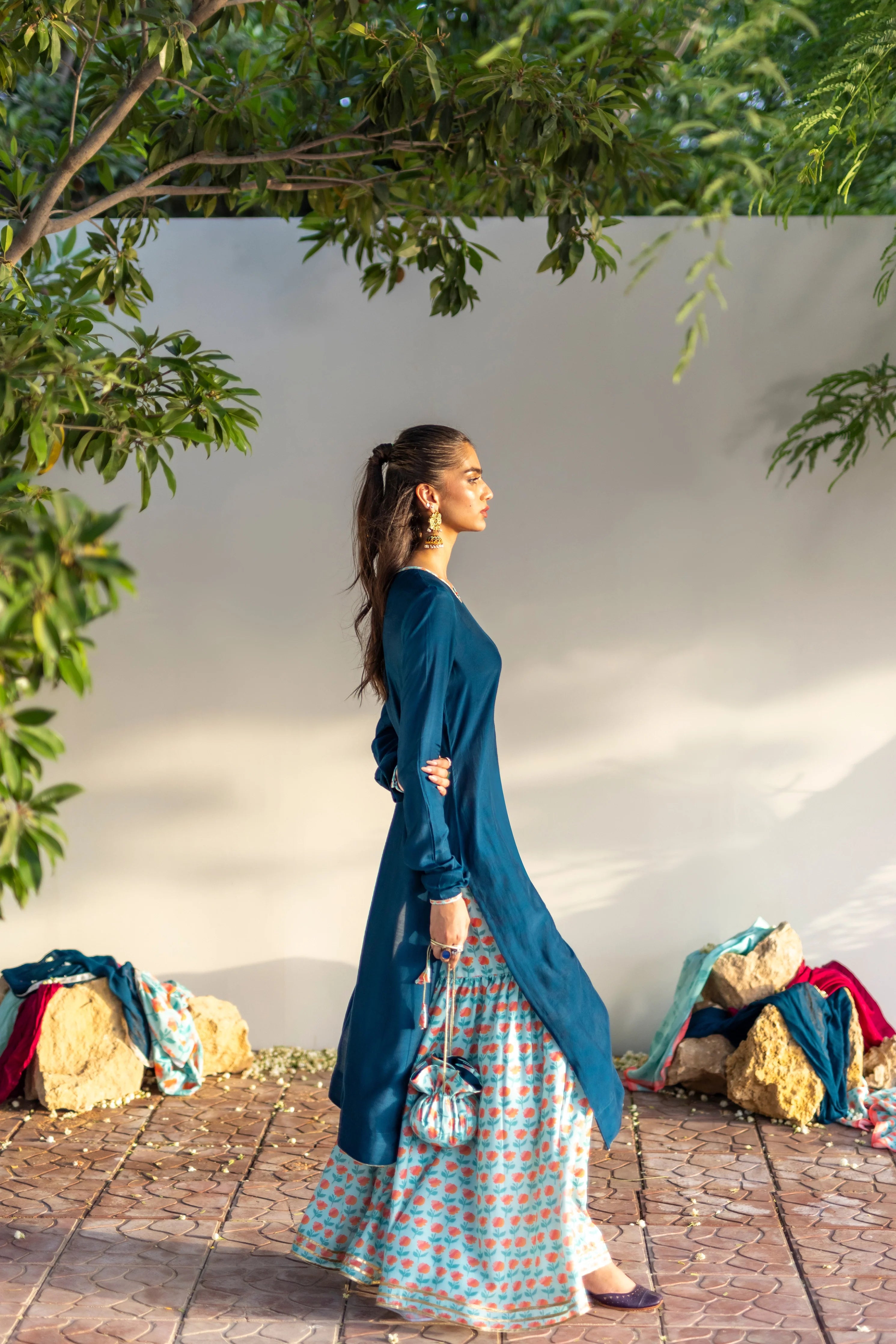 03 Piece - The Saliah Cotton Silk Blue Gharara Set