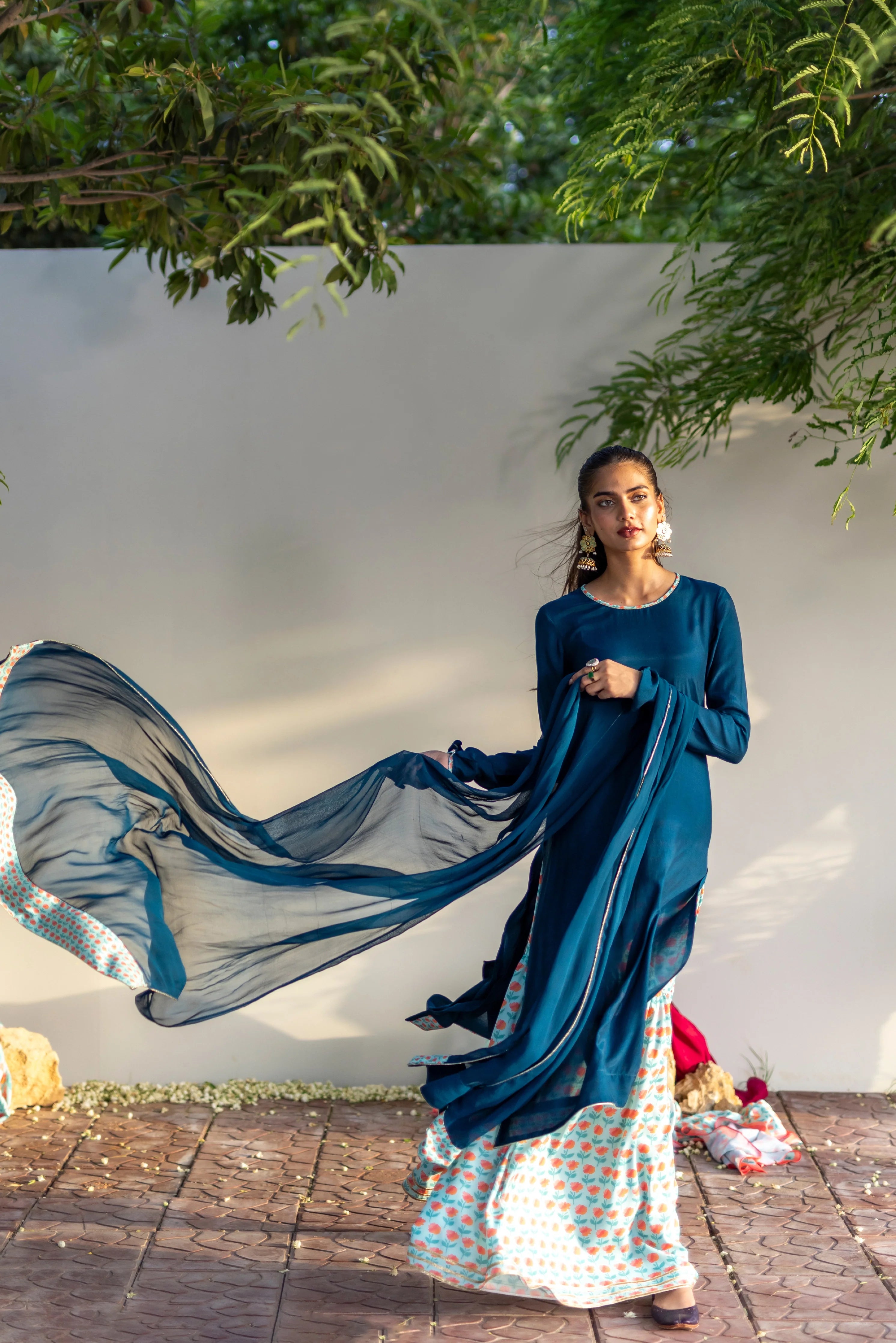 03 Piece - The Saliah Cotton Silk Blue Gharara Set