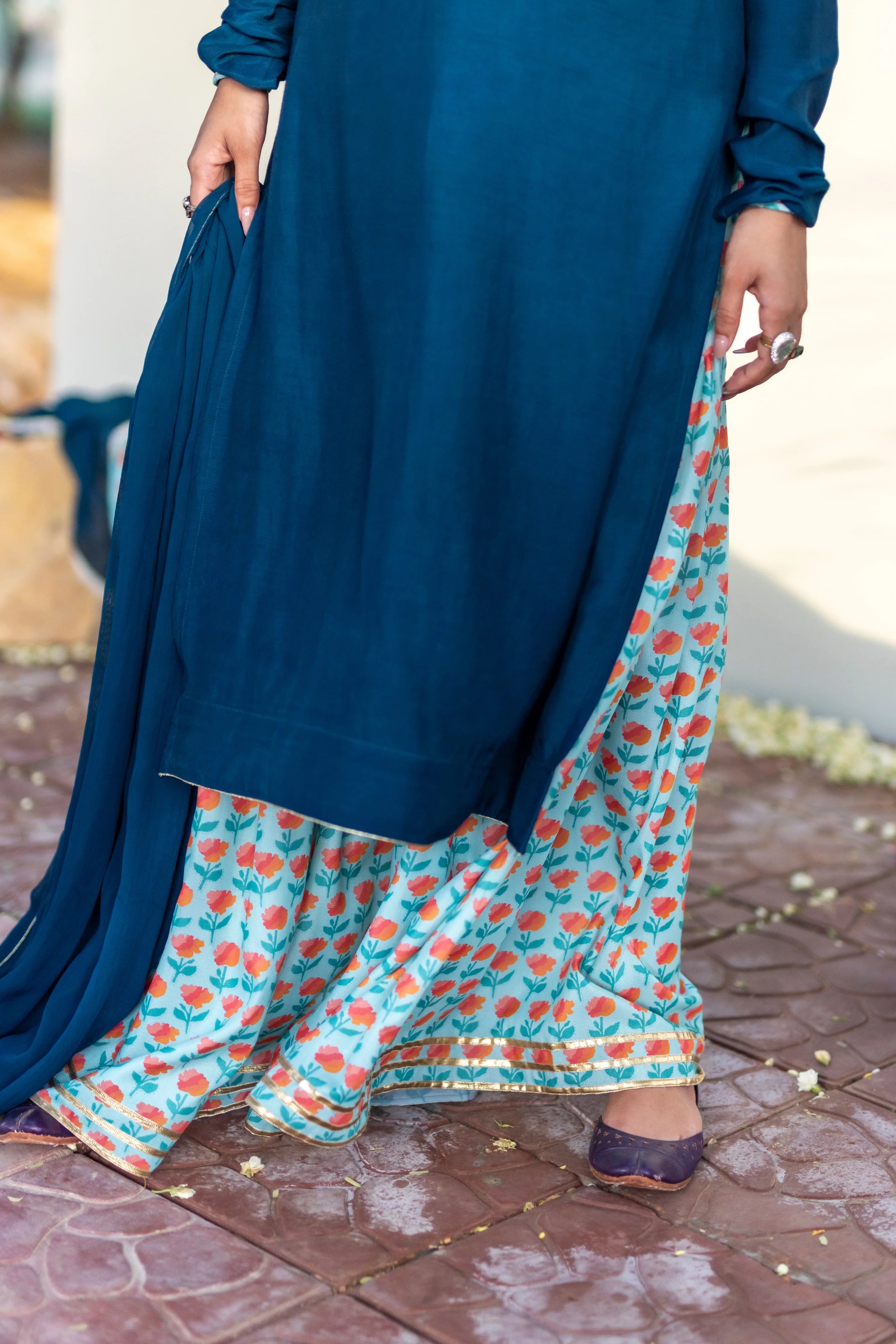 03 Piece - The Saliah Cotton Silk Blue Gharara Set