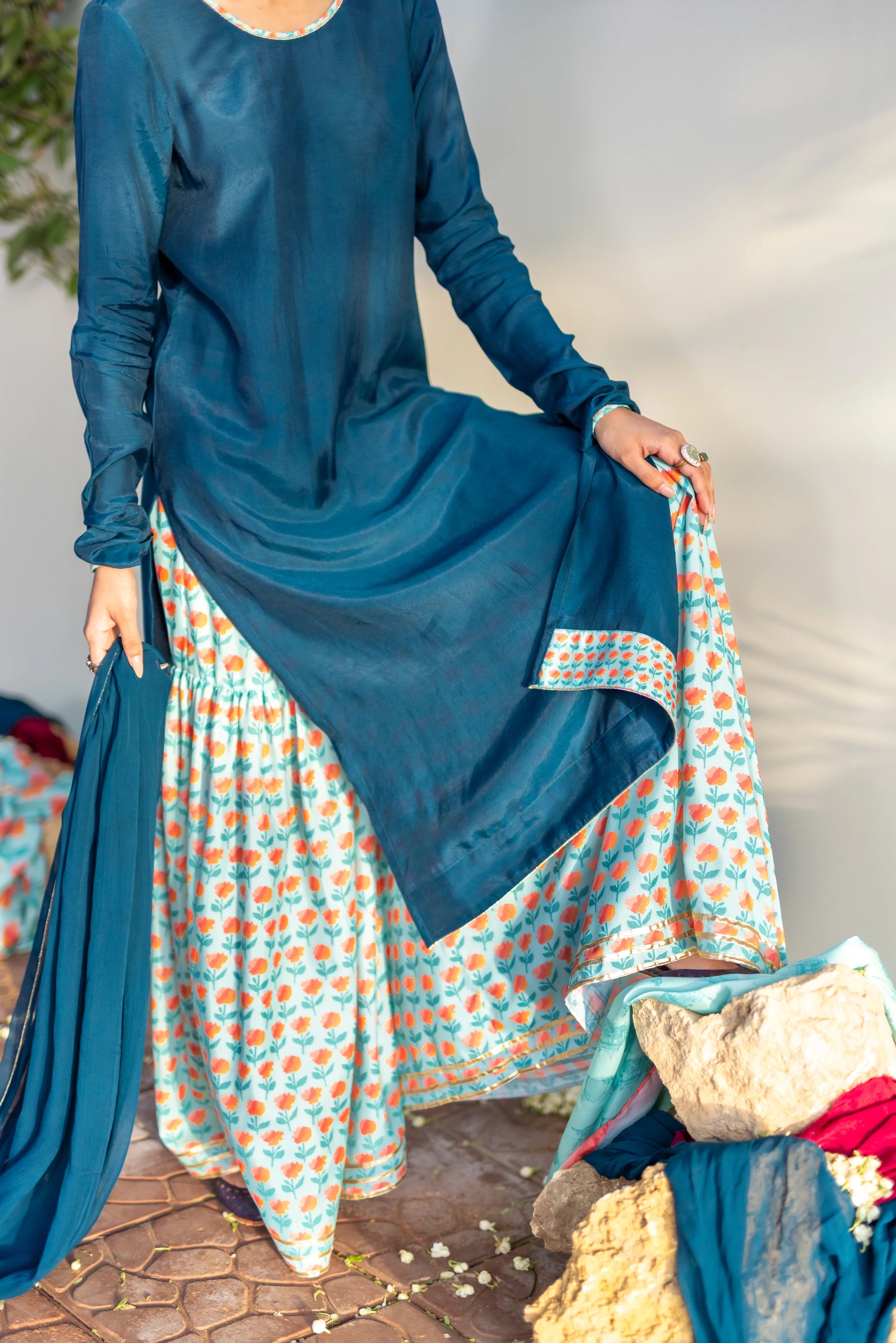 03 Piece - The Saliah Cotton Silk Blue Gharara Set